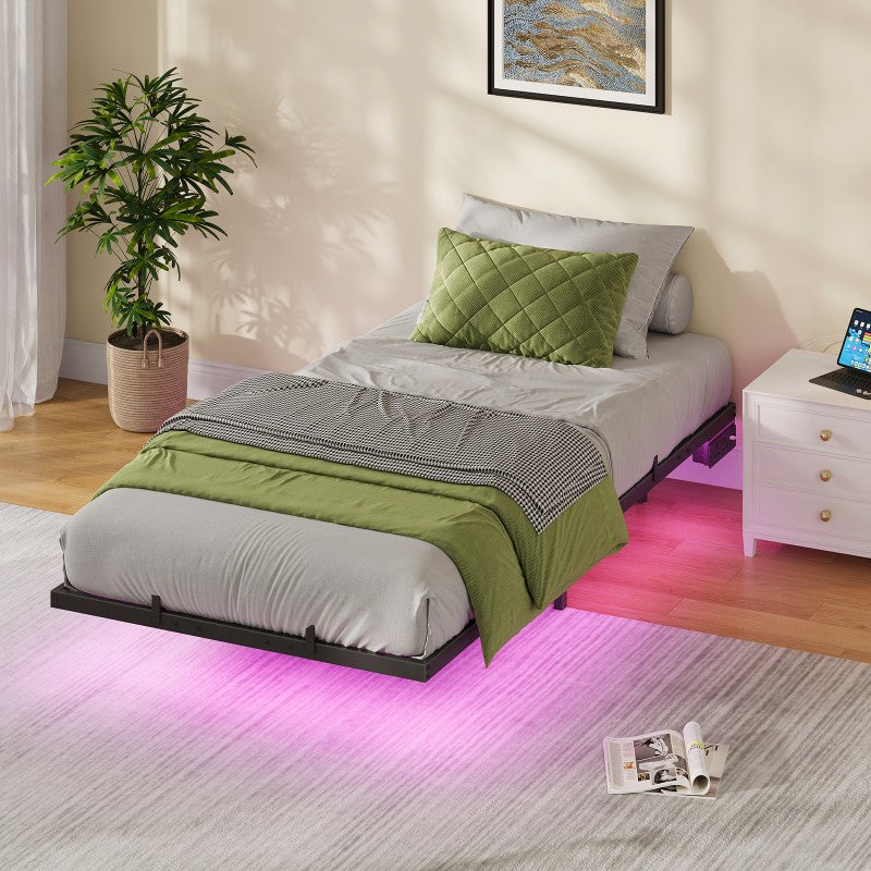 HOOBRO 3ft Single Bed Frame with Charging Station and LED Lights, 90 x 190 cm Floating Bed Frame with Heavy-Duty Metal Platform, No Box Springs Needed, Noise-Free