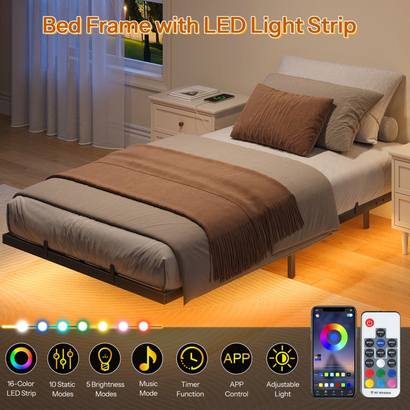 HOOBRO 3ft Single Bed Frame with Charging Station and LED Lights, 90 x 190 cm Floating Bed Frame with Heavy-Duty Metal Platform, No Box Springs Needed, Noise-Free
