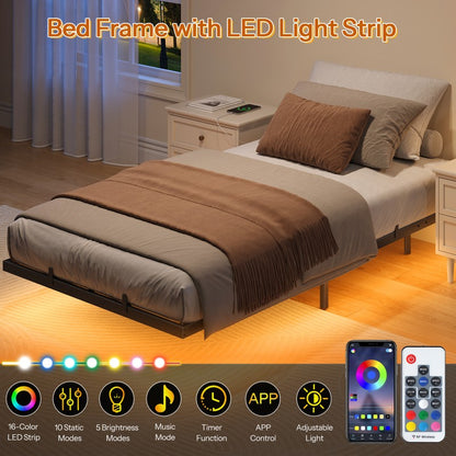 HOOBRO 3ft Single Bed Frame with Charging Station and LED Lights, 90 x 190 cm Floating Bed Frame with Heavy-Duty Metal Platform, No Box Springs Needed, Noise-Free