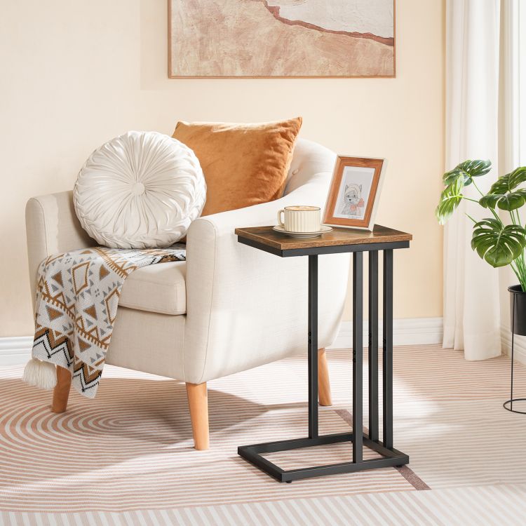 HOOBRO Side Table C Shaped, Sofa End Table, Laptop Coffee Snack Table, for Small Space, Living Room, Bedroom, Slim, Narrow, Tall, Wood Look Accent Furniture with Metal Frame