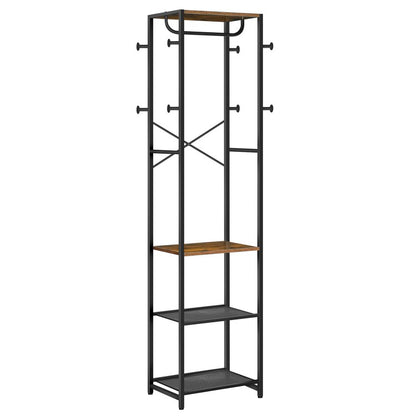 HOOBRO Coat Stand, Coat Rack Stand, Freestanding Coat Rack with 3 Shelves and 8 Hooks, Clothes Rack, Hall Tree for Bedroom, 40 x 28 x 181 cm, for Entryway, Industrial