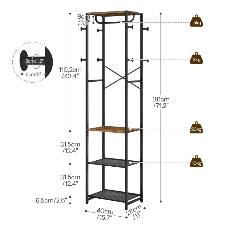 HOOBRO Coat Stand, Coat Rack Stand, Freestanding Coat Rack with 3 Shelves and 8 Hooks, Clothes Rack, Hall Tree for Bedroom, 40 x 28 x 181 cm, for Entryway, Industrial