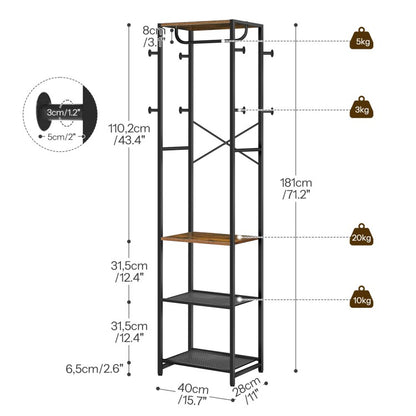 HOOBRO Coat Stand, Coat Rack Stand, Freestanding Coat Rack with 3 Shelves and 8 Hooks, Clothes Rack, Hall Tree for Bedroom, 40 x 28 x 181 cm, for Entryway, Industrial