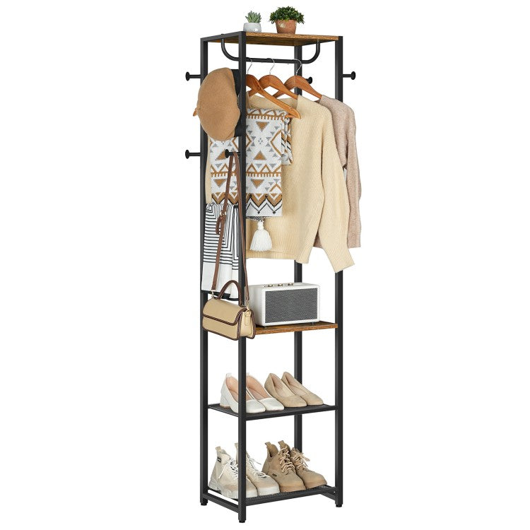 HOOBRO Coat Stand, Coat Rack Stand, Freestanding Coat Rack with 3 Shelves and 8 Hooks, Clothes Rack, Hall Tree for Bedroom, 40 x 28 x 181 cm, for Entryway, Industrial