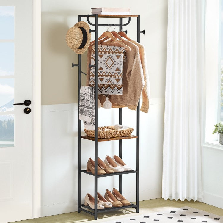 HOOBRO Coat Stand, Coat Rack Stand, Freestanding Coat Rack with 3 Shelves and 8 Hooks, Clothes Rack, Hall Tree for Bedroom, 40 x 28 x 181 cm, for Entryway, Industrial