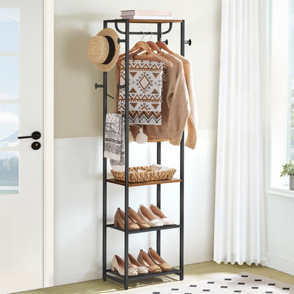 HOOBRO Coat Stand, Coat Rack Stand, Freestanding Coat Rack with 3 Shelves and 8 Hooks, Clothes Rack, Hall Tree for Bedroom, 40 x 28 x 181 cm, for Entryway, Industrial