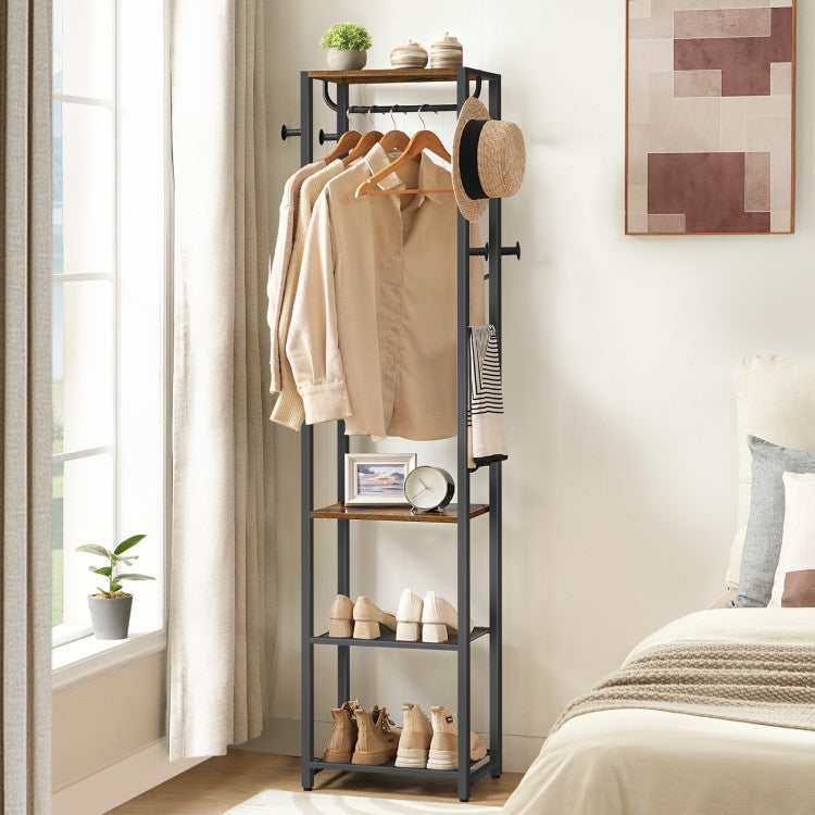 HOOBRO Coat Stand, Coat Rack Stand, Freestanding Coat Rack with 3 Shelves and 8 Hooks, Clothes Rack, Hall Tree for Bedroom, 40 x 28 x 181 cm, for Entryway, Industrial