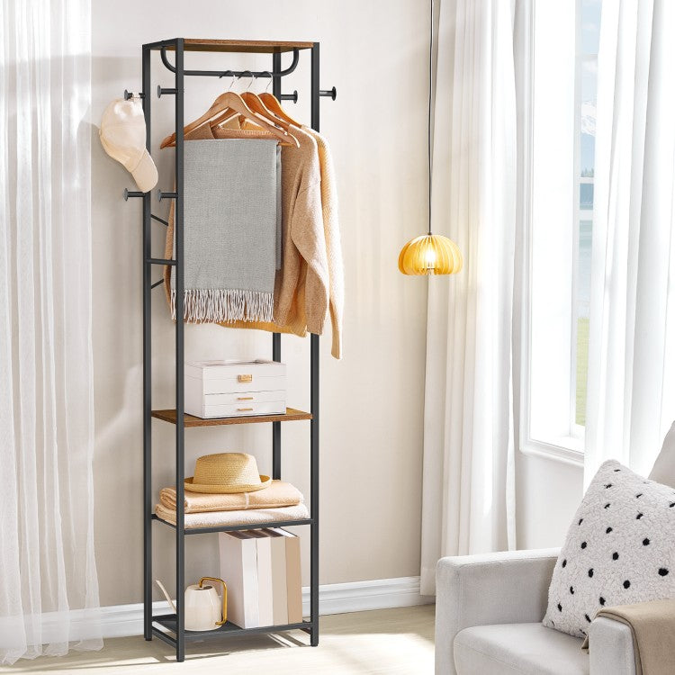 HOOBRO Coat Stand, Coat Rack Stand, Freestanding Coat Rack with 3 Shelves and 8 Hooks, Clothes Rack, Hall Tree for Bedroom, 40 x 28 x 181 cm, for Entryway, Industrial
