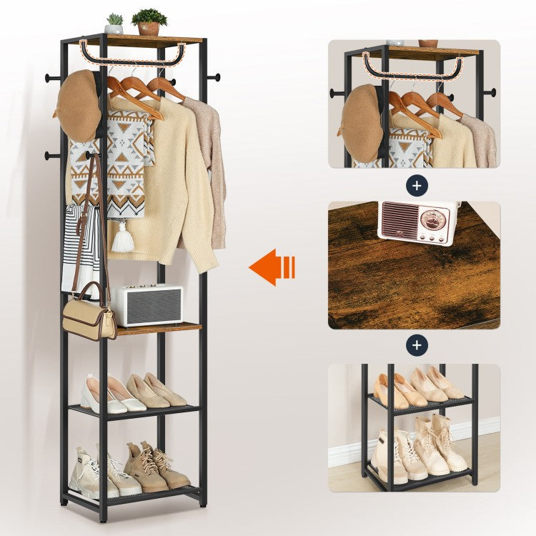 HOOBRO Coat Stand, Coat Rack Stand, Freestanding Coat Rack with 3 Shelves and 8 Hooks, Clothes Rack, Hall Tree for Bedroom, 40 x 28 x 181 cm, for Entryway, Industrial