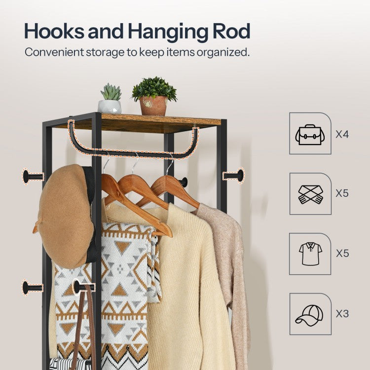 HOOBRO Coat Stand, Coat Rack Stand, Freestanding Coat Rack with 3 Shelves and 8 Hooks, Clothes Rack, Hall Tree for Bedroom, 40 x 28 x 181 cm, for Entryway, Industrial
