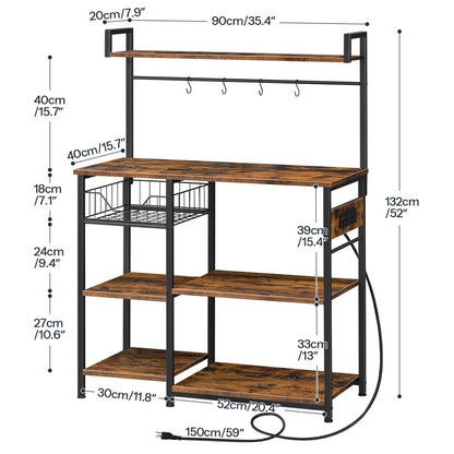 HOOBRO Bakers Rack with Power Outlet, Microwave Stand with 4 S-Hooks, Kitchen Storage Rack with Storage Shelves, Coffee Bar, Easy to Assemble