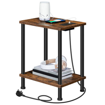 HOOBRO Side Table with Charging Station, Bedside Table with USB Ports and Outlet, End Table with 2-Layer Storage Shelves for Living Room, Bedroom, 38 x 28 x 55 cm
