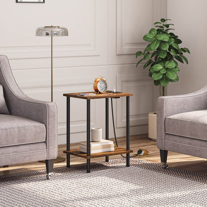 HOOBRO Side Table with Charging Station, Bedside Table with USB Ports and Outlet, End Table with 2-Layer Storage Shelves for Living Room, Bedroom, 38 x 28 x 55 cm