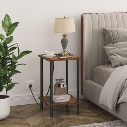 HOOBRO Side Table with Charging Station, Bedside Table with USB Ports and Outlet, End Table with 2-Layer Storage Shelves for Living Room, Bedroom, 38 x 28 x 55 cm