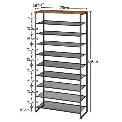 HOOBRO 10-Tier Shoe Rack, Large Capacity Shoe Organizer Shelf, Shoe Storage Unit for 27-36 Pairs of Shoes, for Entryway, Hallway, Closet, Dorm Room, Industrial