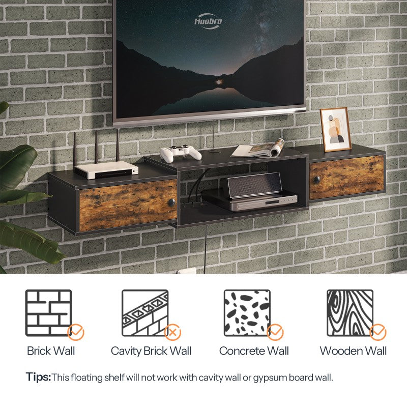 HOOBRO Floating TV Stand Cabinet, Modern Wall Mounted TV Cabinet with Power Outlet, Entertainment Media Console Shelf Cabinet for Under TV Storage, Living Room