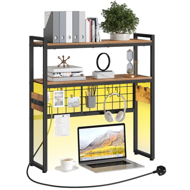 HOOBRO Desktop Bookcase with Outlets, 2-Tier Office Desktop Shelves, Countertop Hutch with LED Lights, Wooden Desk Shelf Organizer, for Office, Study, Game Room