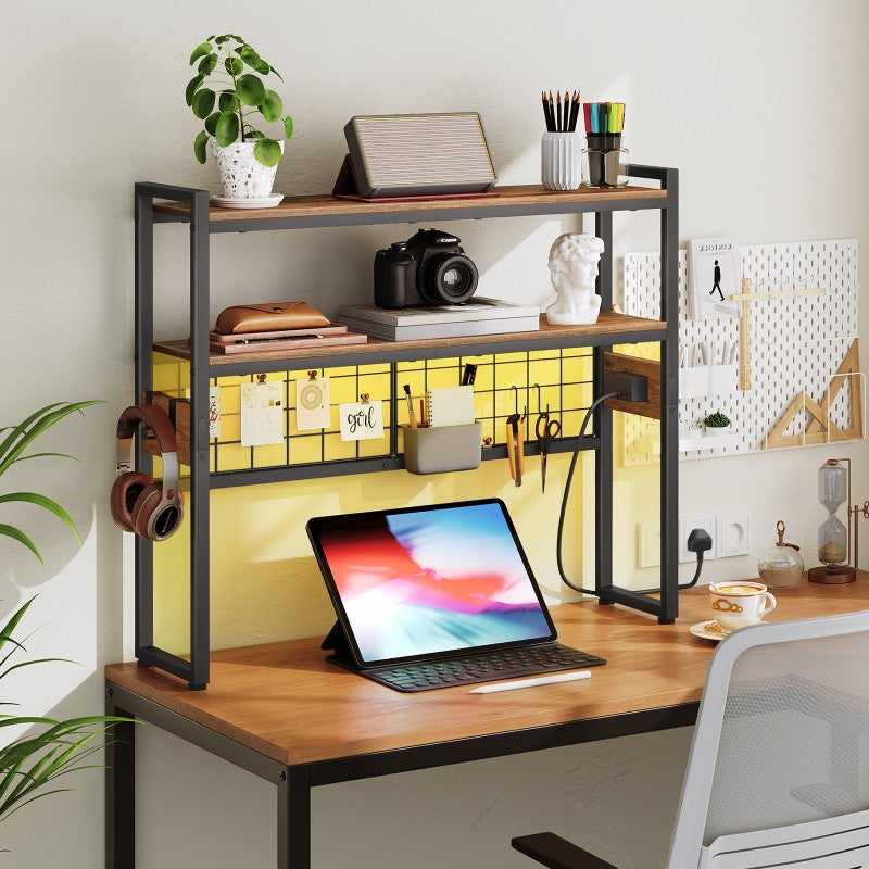 HOOBRO Desktop Bookcase with Outlets, 2-Tier Office Desktop Shelves, Countertop Hutch with LED Lights, Wooden Desk Shelf Organizer, for Office, Study, Game Room