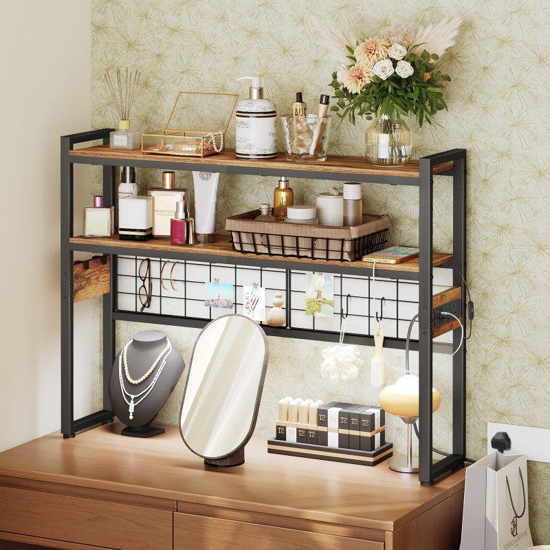 HOOBRO Desktop Bookcase with Outlets, 2-Tier Office Desktop Shelves, Countertop Hutch with LED Lights, Wooden Desk Shelf Organizer, for Office, Study, Game Room
