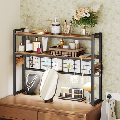 HOOBRO Desktop Bookcase with Outlets, 2-Tier Office Desktop Shelves, Countertop Hutch with LED Lights, Wooden Desk Shelf Organizer, for Office, Study, Game Room