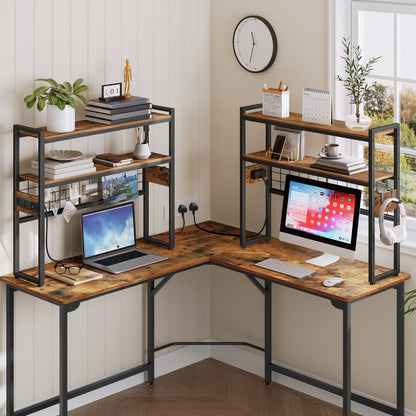 HOOBRO Desktop Bookcase with Outlets, 2-Tier Office Desktop Shelves, Countertop Hutch with LED Lights, Wooden Desk Shelf Organizer, for Office, Study, Game Room