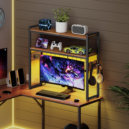 HOOBRO Desktop Bookcase with Outlets, 2-Tier Office Desktop Shelves, Countertop Hutch with LED Lights, Wooden Desk Shelf Organizer, for Office, Study, Game Room