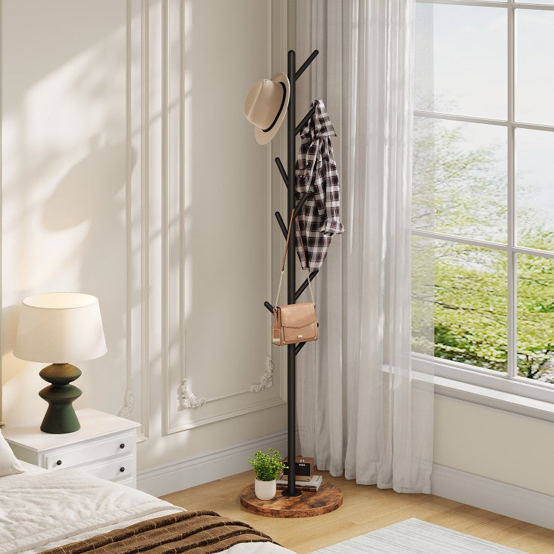 HOOBRO Coat Stand with 9 Hooks, Heavy Duty Freestanding Coat Rack, Hall Tree with Thickened Base, Corner Hanger Stand for Bedroom, Entryway, Living Room