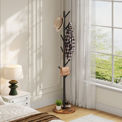 HOOBRO Coat Stand with 9 Hooks, Heavy Duty Freestanding Coat Rack, Hall Tree with Thickened Base, Corner Hanger Stand for Bedroom, Entryway, Living Room