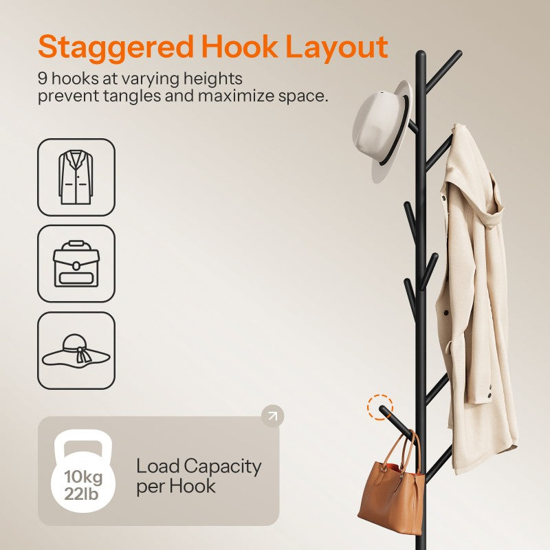 HOOBRO Coat Stand with 9 Hooks, Heavy Duty Freestanding Coat Rack, Hall Tree with Thickened Base, Corner Hanger Stand for Bedroom, Entryway, Living Room