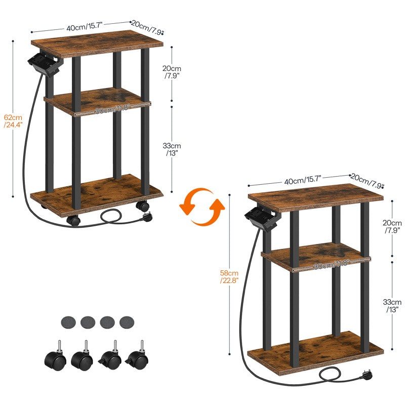 HOOBRO Slim Side Table with Charging Station, Skinny End Bedside Table on Wheels for Small Space, Narrow Nightstand with USB Ports and Outlet for Living Room