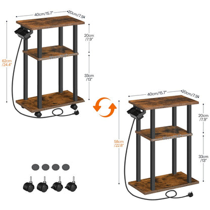 HOOBRO Slim Side Table with Charging Station, Skinny End Bedside Table on Wheels for Small Space, Narrow Nightstand with USB Ports and Outlet for Living Room