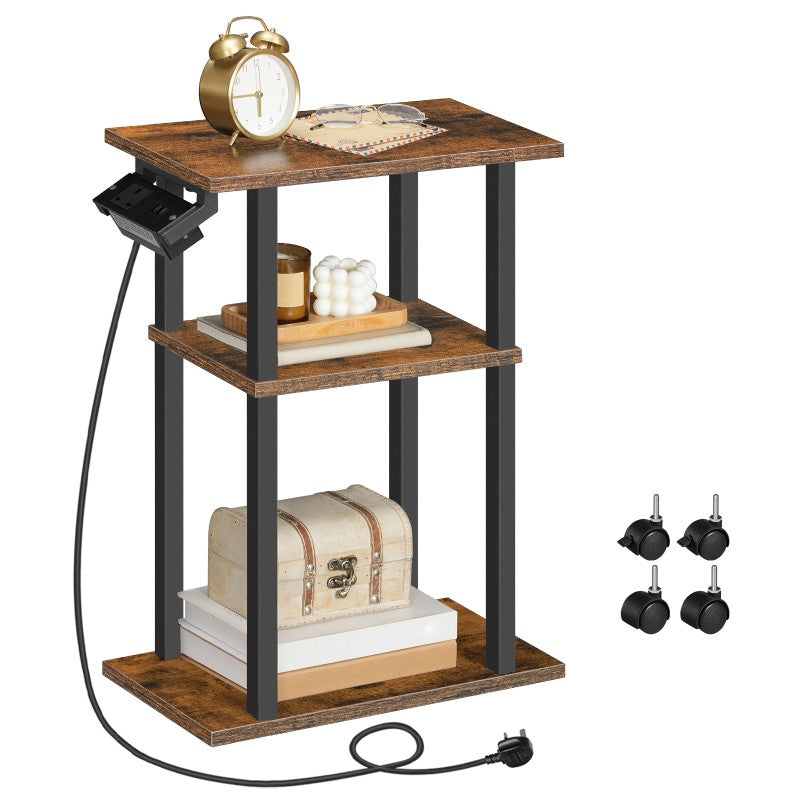 HOOBRO Slim Side Table with Charging Station, Skinny End Bedside Table on Wheels for Small Space, Narrow Nightstand with USB Ports and Outlet for Living Room