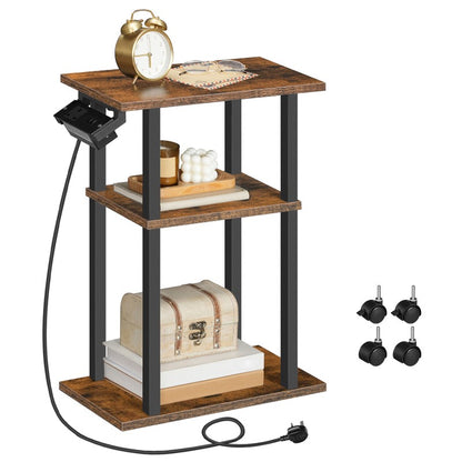 HOOBRO Slim Side Table with Charging Station, Skinny End Bedside Table on Wheels for Small Space, Narrow Nightstand with USB Ports and Outlet for Living Room