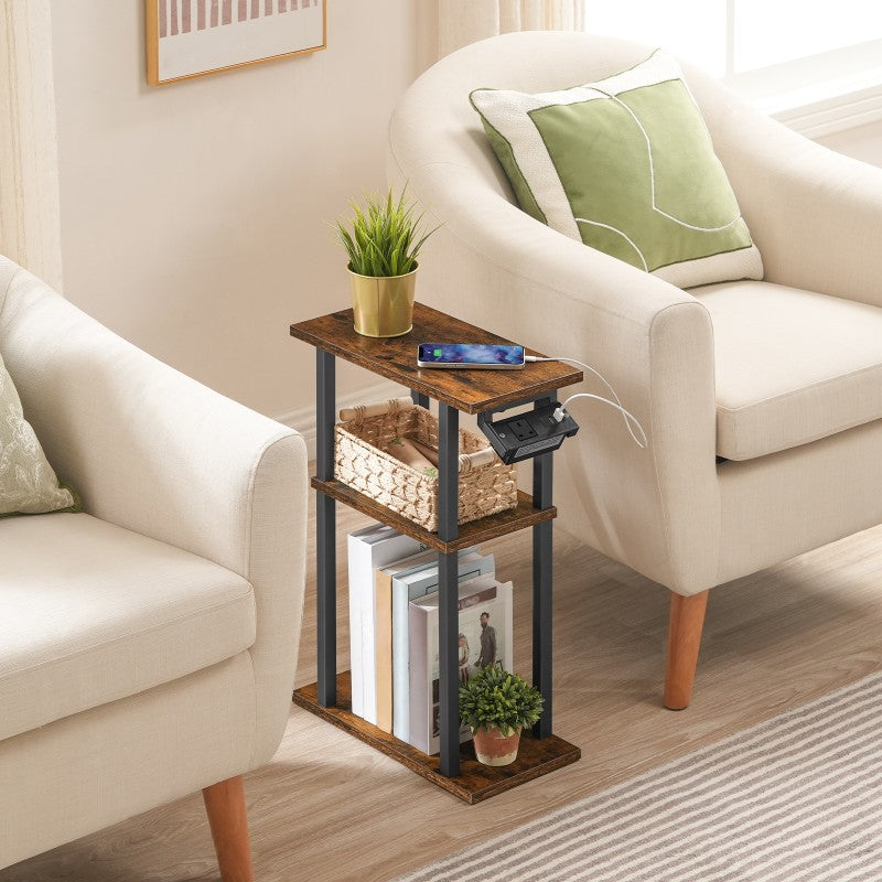 HOOBRO Slim Side Table with Charging Station, Skinny End Bedside Table on Wheels for Small Space, Narrow Nightstand with USB Ports and Outlet for Living Room