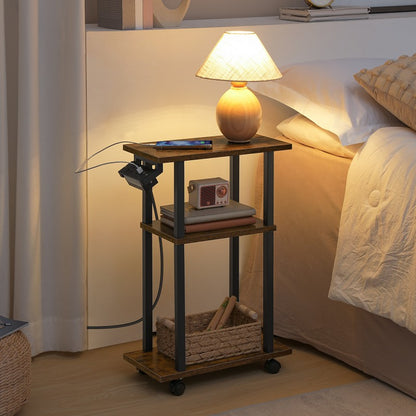 HOOBRO Slim Side Table with Charging Station, Skinny End Bedside Table on Wheels for Small Space, Narrow Nightstand with USB Ports and Outlet for Living Room