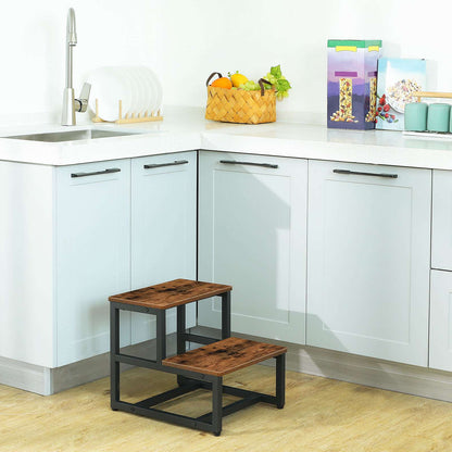 HOOBRO Wooden Two Step Stool, Step Stool for Kids, Toddler Two Step Stool with Non-Slip Pads, for Sink, Bathroom, Kitchen, Bedroom, Sturdy and Stable, Rustic Brown and Black EBF12JD01