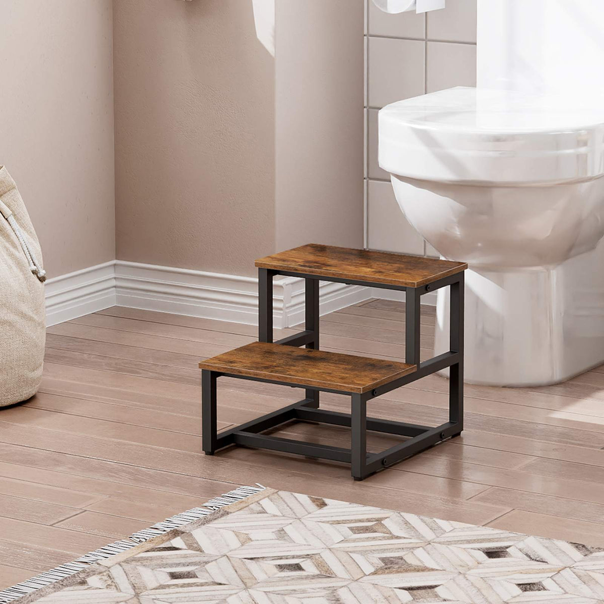 HOOBRO Wooden Two Step Stool, Step Stool for Kids, Toddler Two Step Stool with Non-Slip Pads, for Sink, Bathroom, Kitchen, Bedroom, Sturdy and Stable, Rustic Brown and Black EBF12JD01