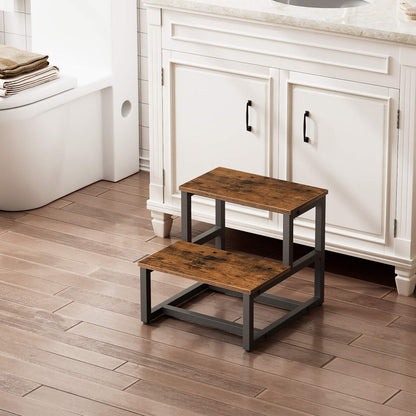 HOOBRO Wooden Two Step Stool, Step Stool for Kids, Toddler Two Step Stool with Non-Slip Pads, for Sink, Bathroom, Kitchen, Bedroom, Sturdy and Stable, Rustic Brown and Black EBF12JD01