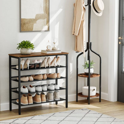 HOOBRO Shoe Rack, 5-Tier Shoe Storage with Adjustable Mesh Shelves, 16-20 Pairs of Shoes, Stable and Durable, Spacious Top, Freestanding, Metal, Industrial, for Entryway, Closet