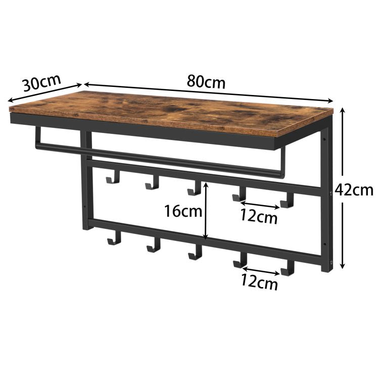 Wall-Mounted Coat Rack with 10 Hooks and Shelf, Rails, Suitable for Hallway, Living Room, Bedroom, Bathroom, Industrial Style