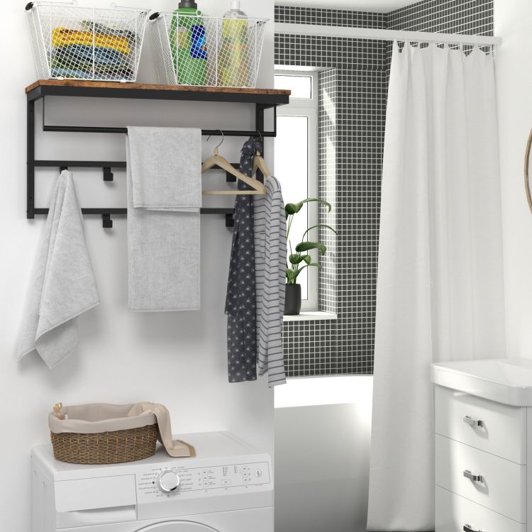 Wall-Mounted Coat Rack with 10 Hooks and Shelf, Rails, Suitable for Hallway, Living Room, Bedroom, Bathroom, Industrial Style