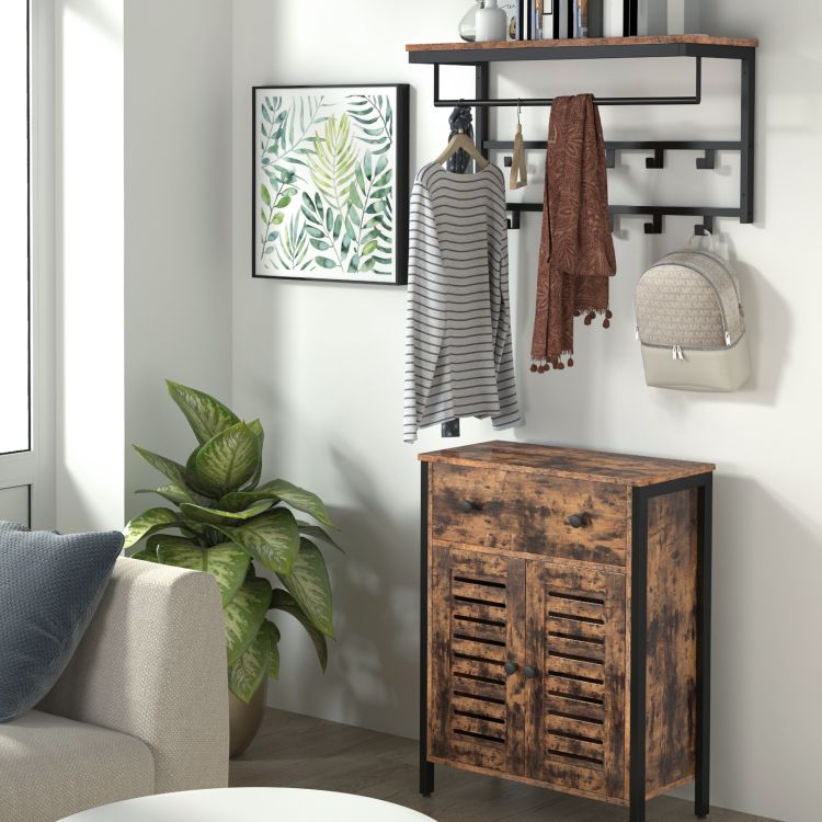 Wall-Mounted Coat Rack with 10 Hooks and Shelf, Rails, Suitable for Hallway, Living Room, Bedroom, Bathroom, Industrial Style