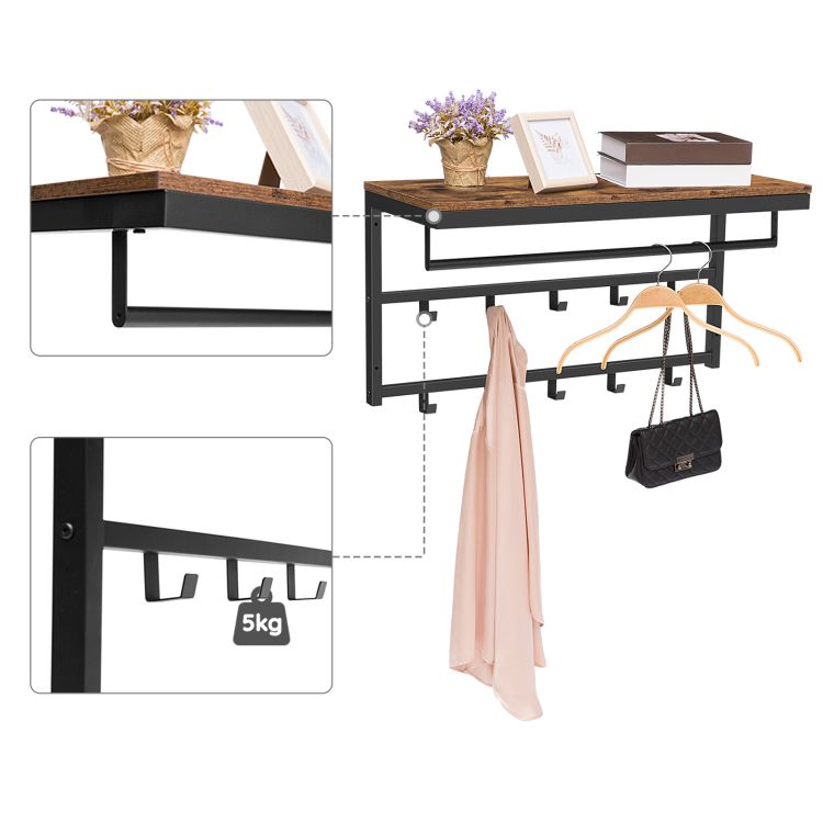 Wall-Mounted Coat Rack with 10 Hooks and Shelf, Rails, Suitable for Hallway, Living Room, Bedroom, Bathroom, Industrial Style