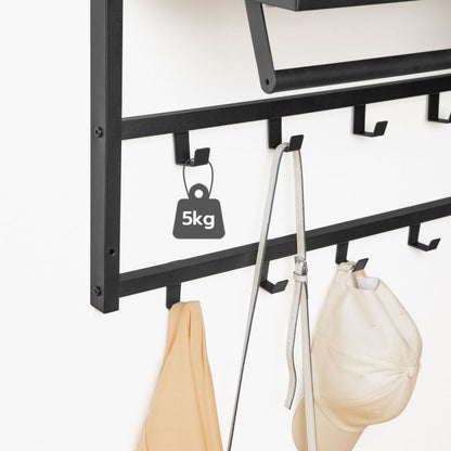Wall-Mounted Coat Rack with 10 Hooks and Shelf, Rails, Suitable for Hallway, Living Room, Bedroom, Bathroom, Industrial Style
