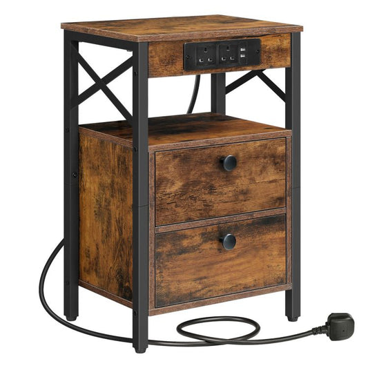 HOOBRO Wooden Bedside Table with Charging Station, X-shaped End Table with 2 Wooden Drawers, Nightstand with 2 USB Ports and 2 AC Outlets, 38 x 28 x 60 cm
