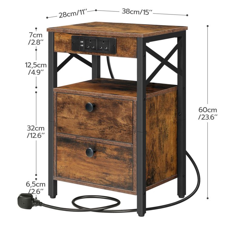 HOOBRO Wooden Bedside Table with Charging Station, X-shaped End Table with 2 Wooden Drawers, Nightstand with 2 USB Ports and 2 AC Outlets, 38 x 28 x 60 cm