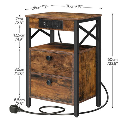 HOOBRO Wooden Bedside Table with Charging Station, X-shaped End Table with 2 Wooden Drawers, Nightstand with 2 USB Ports and 2 AC Outlets, 38 x 28 x 60 cm