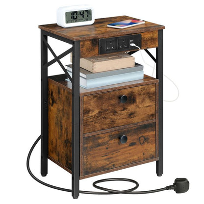 HOOBRO Wooden Bedside Table with Charging Station, X-shaped End Table with 2 Wooden Drawers, Nightstand with 2 USB Ports and 2 AC Outlets, 38 x 28 x 60 cm