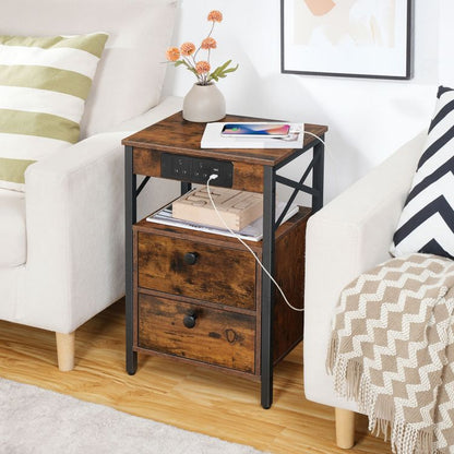 HOOBRO Wooden Bedside Table with Charging Station, X-shaped End Table with 2 Wooden Drawers, Nightstand with 2 USB Ports and 2 AC Outlets, 38 x 28 x 60 cm