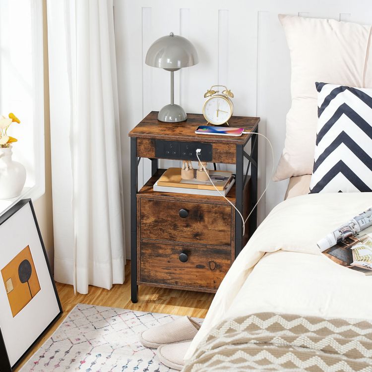 HOOBRO Wooden Bedside Table with Charging Station, X-shaped End Table with 2 Wooden Drawers, Nightstand with 2 USB Ports and 2 AC Outlets, 38 x 28 x 60 cm